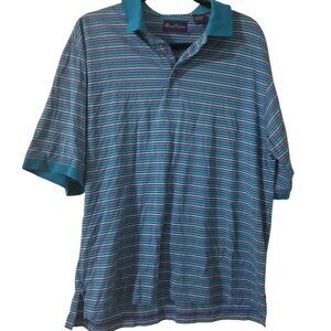 Alan Flusser Striped Polo Shirt M Multicolor 100% Cotton Short Sleeve Button Col